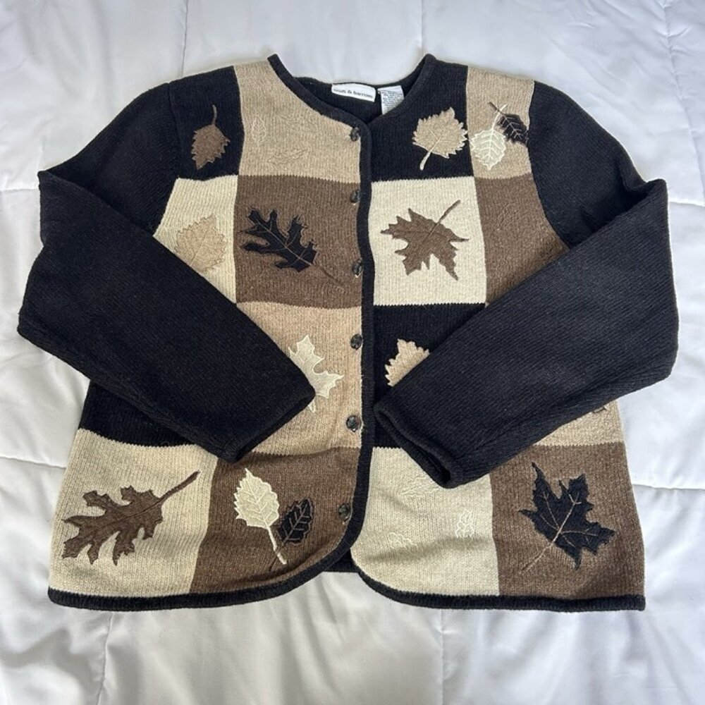 Vintage 90s Y2K Womens Medium Wool Blend Fall Leaf Christmas‎ Cardigan Sweater